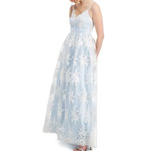 Light blue lace appliqué prom dress